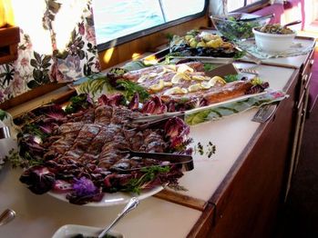 Buffet aboard the Seeker on a office party cruise.